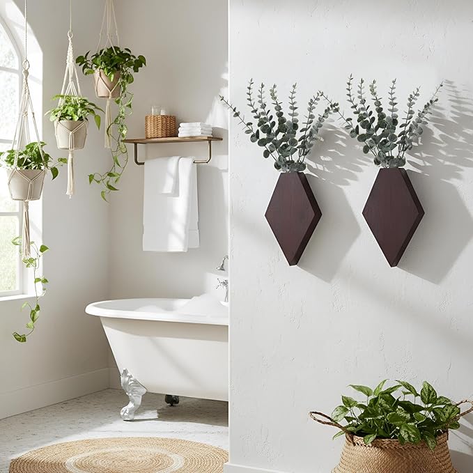 Chunful 2 Pcs Wooden Wall Planter Decor Hanging Faux Plants Greenery Flowers Holder Vase Boxes for Wall Bohemian Farmhouse Room Kitchen Office Indoor Decoration(Brown,9.8 x 6.6 x 1.2 Inches)