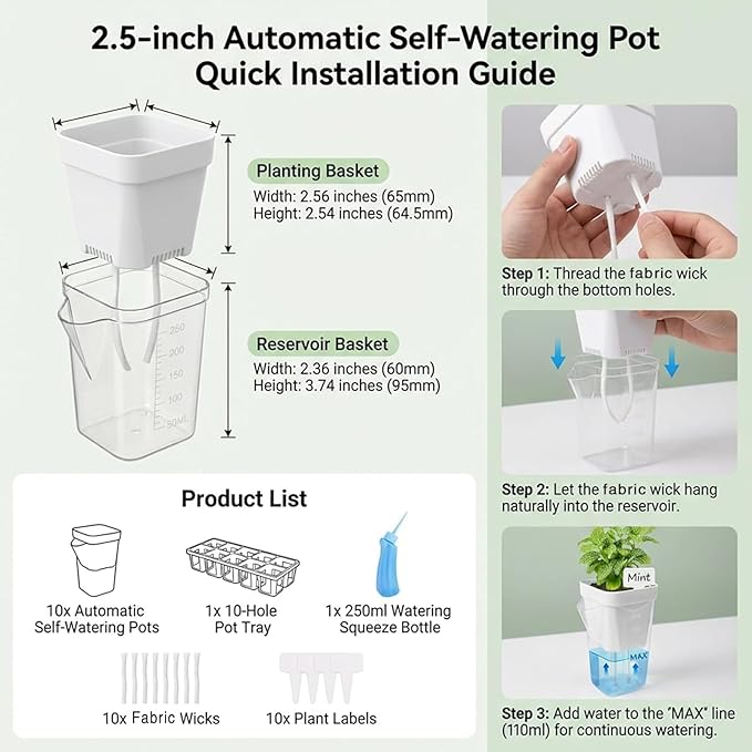 10 Pack 2.5" Self Watering Pots for Indoor Plants with Anti-Tip Tray & Reservoir Refill Bottle, Seed Starter Kit for Seedlings, Cuttings, Succulents, Herbs, 10 Plant Labels