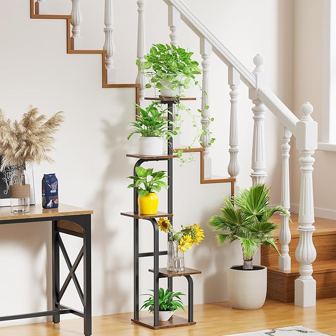 Asgolion 5 Tier Plant Stand Indoor, Plant Shelf for Multiple Plants, Flower Pot Holder Shelf, Planter Display Rack for Patio Garden Balcony Living Room Bedroom Decor, Rustic Brown