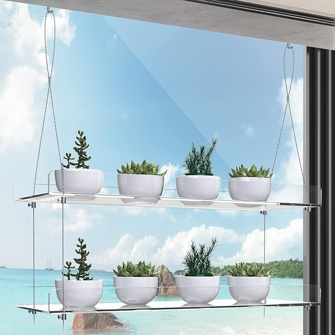 2-Tier Acrylic Window Display Shelves – 16" Adjustable Clear Racks for Herbs, flowers and Indoor Greenery in Kitchen & Bedroom