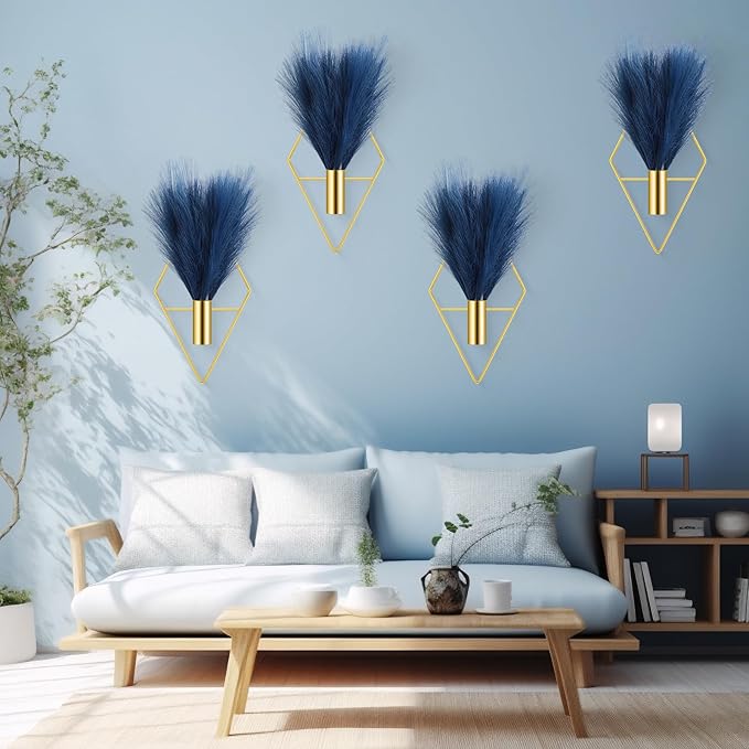Hanaive 4 Sets Boho Wall Decoration Metal Wall Art Hanging Planters with Artificial Pampas Display Modern Home Vase for Bedroom Home Office (Soft,Dark Blue)