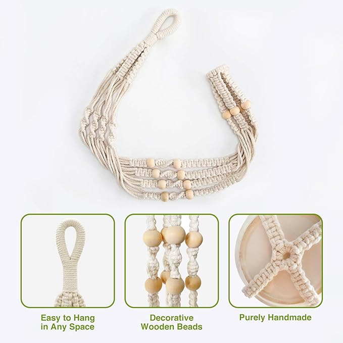 LEWESU Macrame Plant Hanger Indoor Set of 4 with 8 Hooks, Indoor Outdoor Hanging Planter for Plants Holder with Decorative Wood Beads & No Tassels, Boho Home Decor, 35 Inch Ivory (Pots Not Included)