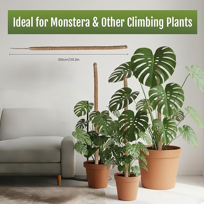Mcbazel 2 Pack 39'' Bendable Moss Pole, Monstera Plant Support, Coco Coir Moss Poles for Climbing Plants, Stakes for Indoor Plant, Accessories for Monstera Pot