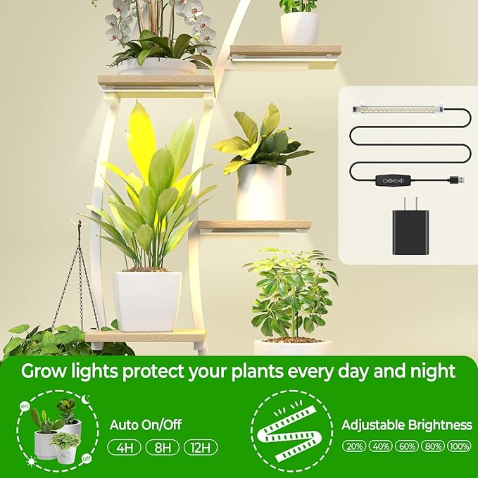 Plant Stand Shelf Indoor with 8 Grow Light, 10 Tiered 65" Tall White Large Half Moon Lighted Plant Rack Holder, 2 Pack Big High Circular Arch Multi Herb Stand with Built in LED Grow Light Set