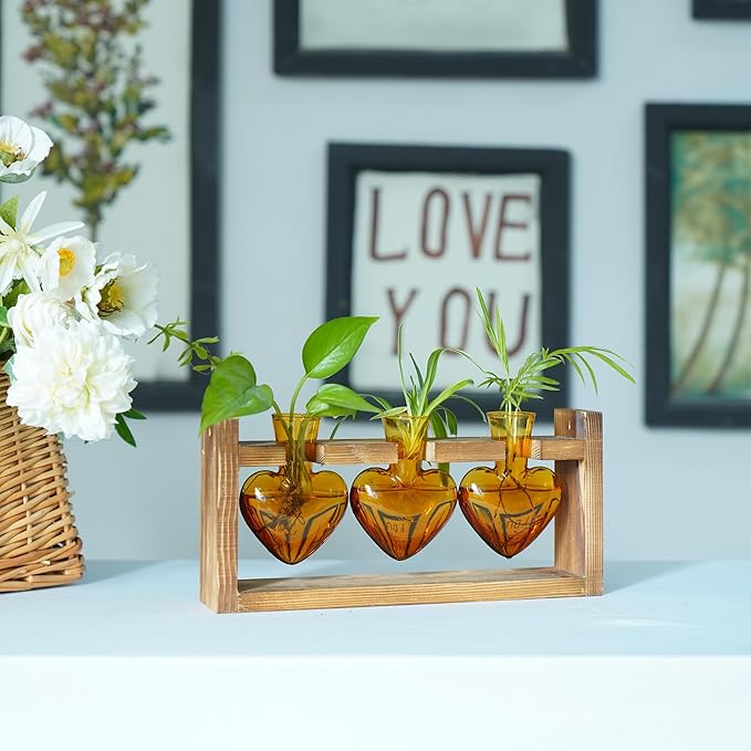 Kingbuy 3-Heart Plant Terrarium Kit - Stained Glass Vase Propagation Station with Vintage Wood Stand - Wall-Mounted Tabletop Indoor Garden Decor for Home Kitchen Wedding Gift for Plant Lover, Amber