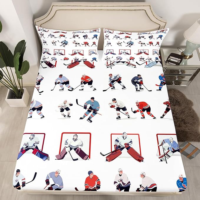 Ice Hockey Sheet Set Full Kids Sports Event Bedding Set Hockey Player Bed Sheets for Boys Bedroom Decor Soft Winter Sports Hockey Puck Bed Set (Twin Flat Sheet & Fitted Sheet with 2 Pillow Case)