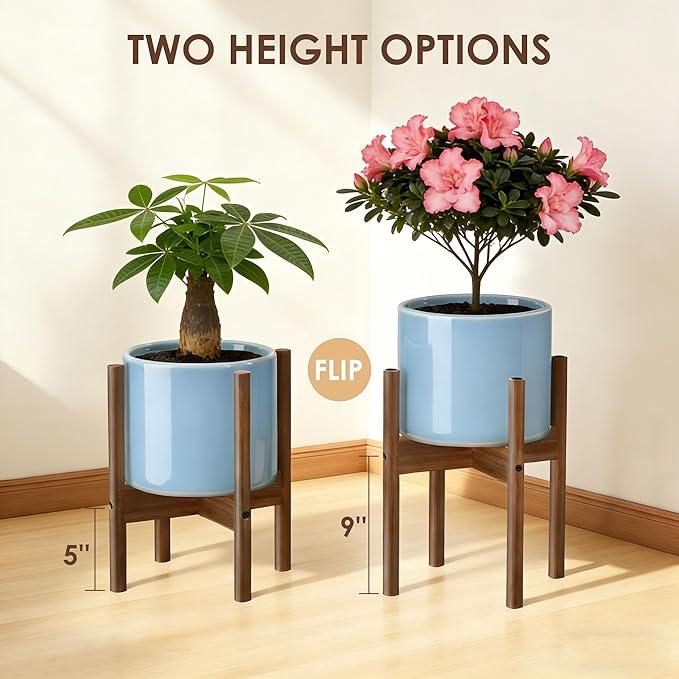 ALIGADO 2 Pack Bamboo Plant Stands Indoor, for Up to 12 Inch Pots, Built to Fit Corners, Sturdy & Stable Design, Walnut Finish