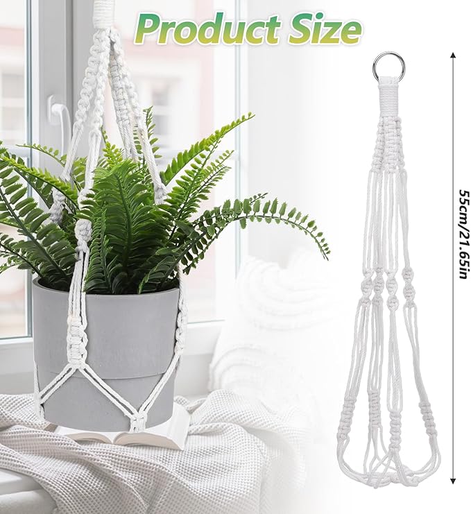 JJUNW 2pcs Macrame Plant Hanger, 21 Inch Indoor Hanging Planter with 2 Hooks Boho Long Crochet White Rope Hanging Planters for Indoor Outdoor Home Decor (Pots Not Included)