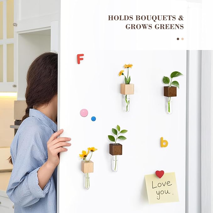 Magnetic Test Tube Flower Vases for Refrigerator, Set of 2 Wooden Fridge Magnet Planters with Glass Tubes – Light & Dark Wood Color, Propagation Station for Hydroponic Display (No Plant Included)
