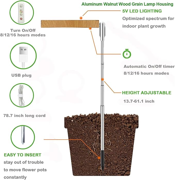 Plant Grow Light,yadoker LED Growing Light Full Spectrum for Indoor Plants, Paired with a Soil Tester,Height Adjustable, Automatic Timer, 5V Low Safe Voltage,Idea for Large Plant Light