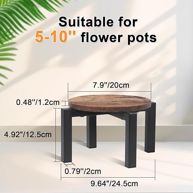 Vigordream Plant Stand Indoor, Heavy Duty Sturdy Metal Plant Holder, Wooden plant Stool, Single Plant Pot Stand Low Short Planter Stand Fit 5-10 Inch Pot (Dark Brown, Small)