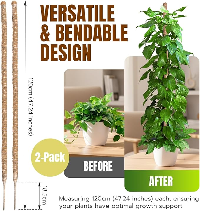 Mcbazel 2 Pack 47 Inch Bendable Moss Pole for Plants Monstera - Tall Coco Coir Plant Support Stakes for Large Indoor Climbing Plants Vines - Flexible Totem Stick Kit with Full Garden Ties