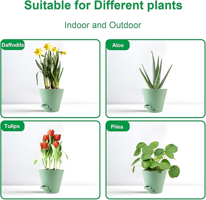 Pottiffe Self-Watering-Pots-for-Indoor-Plants, 8 Inch Flower Pots for Indoor Plants, 3 Packs Plastic Planters with Drainage Holes and Saucers