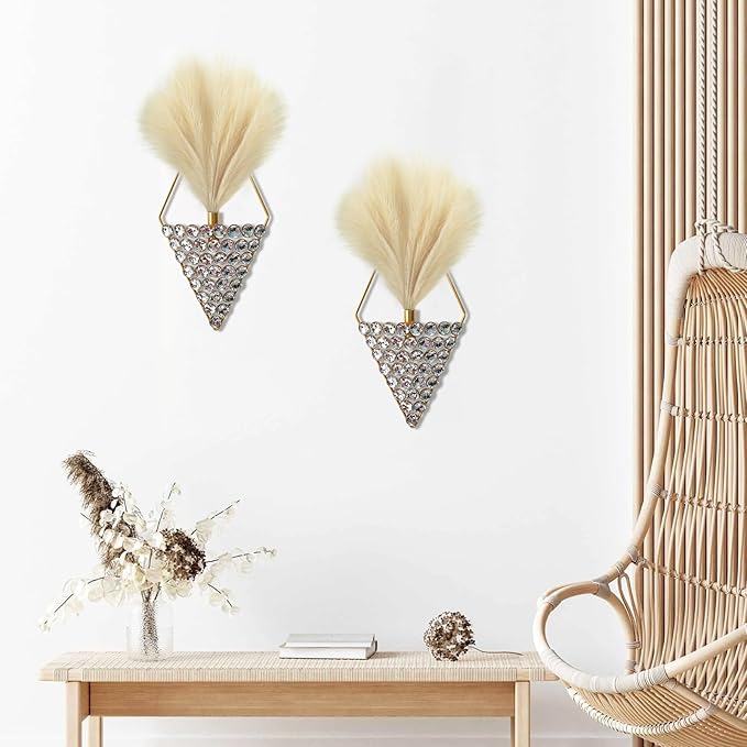 2 Pcs Boho Wall Decor Hanging Planters with Artificial Pampas Bling Jeweled Wall Mounted Metal Wall Decor Modern Home Decor Display Wall Art for Bedroom Bathroom Living Room