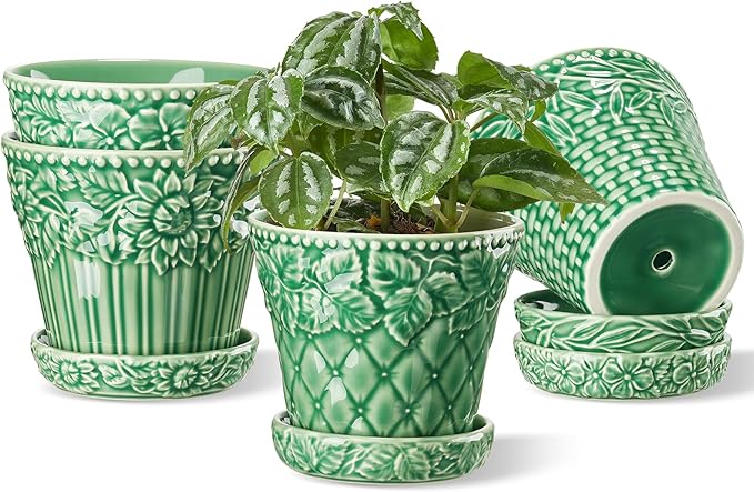 Metahom Ceramic Plant Pots, 4.9 Inch Flower Pots with Drainage Hole & Saucer, Decorative Planter Pots for Indoor Plants, Small Pots for Succulent, Catus, Home Decor, Set of 4, Green