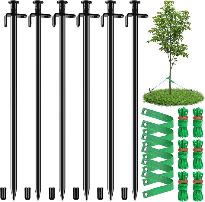 Fabulas Tree Stakes Kits, 6 Pcs 11.8 Inch Heavy Duty Steel Stakes and Supports for Leaning Young Trees Straightening with 6 Pcs Support Straps and 13.2ft Anchor Ropes, Against Strong Wind Bad Weather