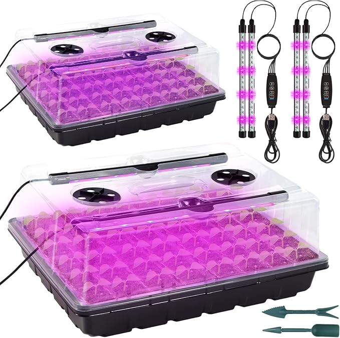 96-Cell Self-Watering Seed Starter Tray with Grow Light & Humidity Dome for Indoor Seedling Growth Complete Kit for Plant Germination LED Red Blue 2 Set