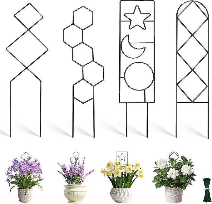 Trellis for Potted Plants, 14.6in Plant Trellis Indoor, Small Houseplant Trellis for Climbing Plants with Ties, Set of 4p Different Shape, Black