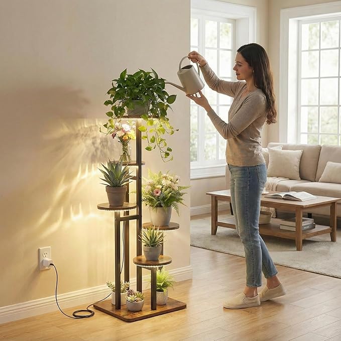 5 Tier Plant Stand Indoor with Grow Light, Tiered Plant Stands for Indoor Plants Multiple, Corner Flower Stand for Living Room, Multi-Layer Vintage Design Plant Shelf