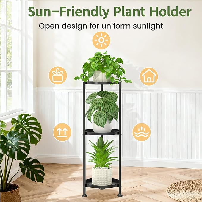 LASZOLA 3 Tier Plant Stand Indoor with Large Metal Tray, Corner Round Flower Holder Rack Tall Outdoor, Morden Planter Display Shelf for Patio Porch Garden Office Living Room, Black
