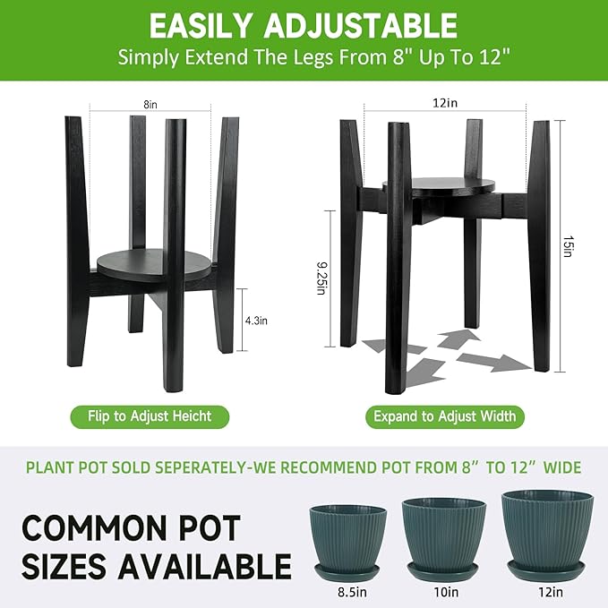 Adjustable Plant Stand with Tray,Indoor Wood Plant Stand Fit 8'' to 12'' Planter,Mid Century Modern Flower Pot Holder Rack(Plant and Pot Not Included),Black