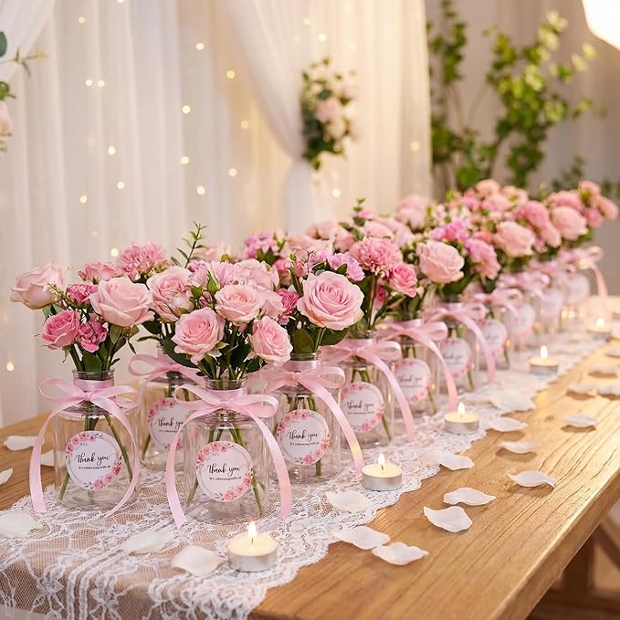 30 Set 4.33'' Plastic Plant Propagation Stations Gifts Bulk 4oz Plant Propagation Jars Planter Vase with Thank You Tags and Ribbons for Guests Wedding Bridal Shower(Pink Flowers)