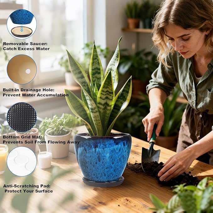 Ceramic Plant Pots with Saucer,8 inch Glaze Planters for Indoor Plants with Drainage Holes, Decorative Flower Pots Outdoor, Modern Orchid Pots for Home Room Decor