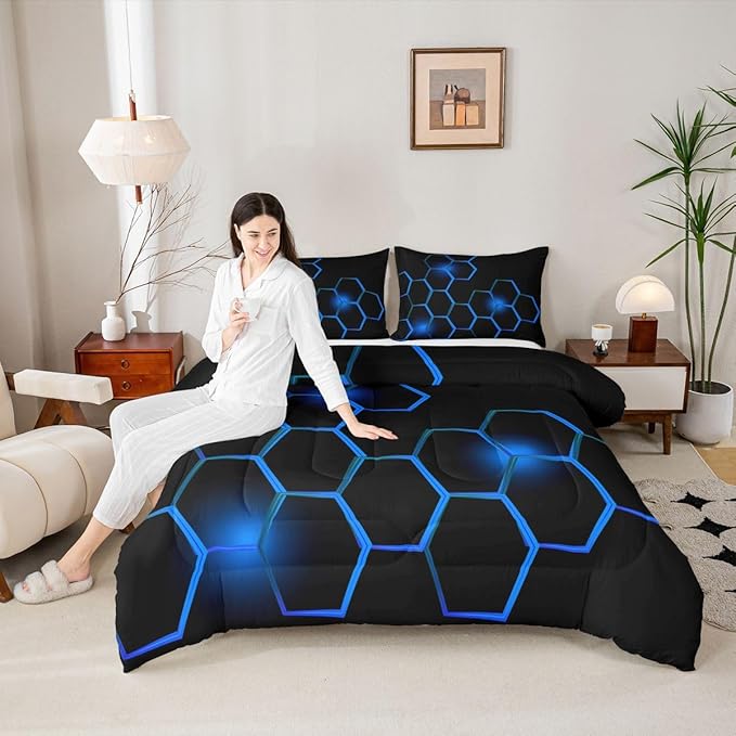 Feelyou Honeycomb Kids Comforter Set ModernHexagon Bedding Set for Boys Children Teens Bedroom Decor Geometrical Comforter Beehive Geometric Black Blue Duvet Set Full Size with 3 Pillow Case