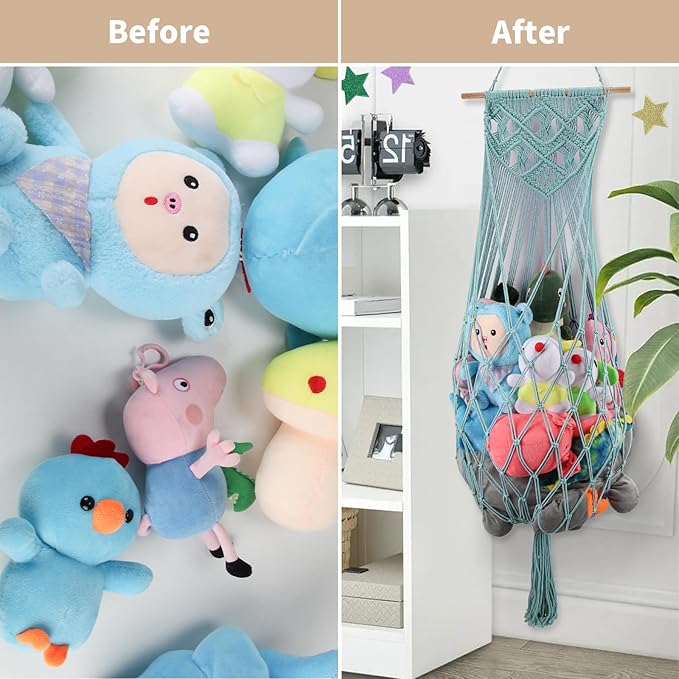 Stuffed Animal Storage Hammock, 63'' Jumbo Boho Macrame Corner Toy Hammock Wall Hanging Net Holder for Nursery Teddy Plushie, Turquoise Plush Toy Net with Star Light for Baby Boys Girls Gift
