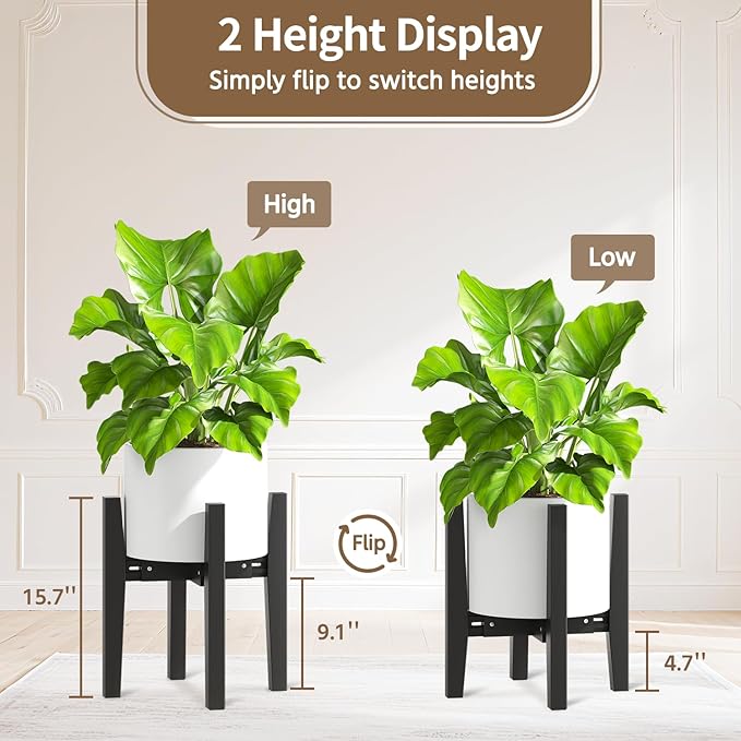 LASZOLA Bamboo Adjustable Plant Stand for Single Large Indoor Planters, Heavy Duty Floor Fern Holder Fits 8 to 12 Inch Pots, Mid Century Elevated Big Stool for Flower– Pot Not Included, Black, 1 Pack