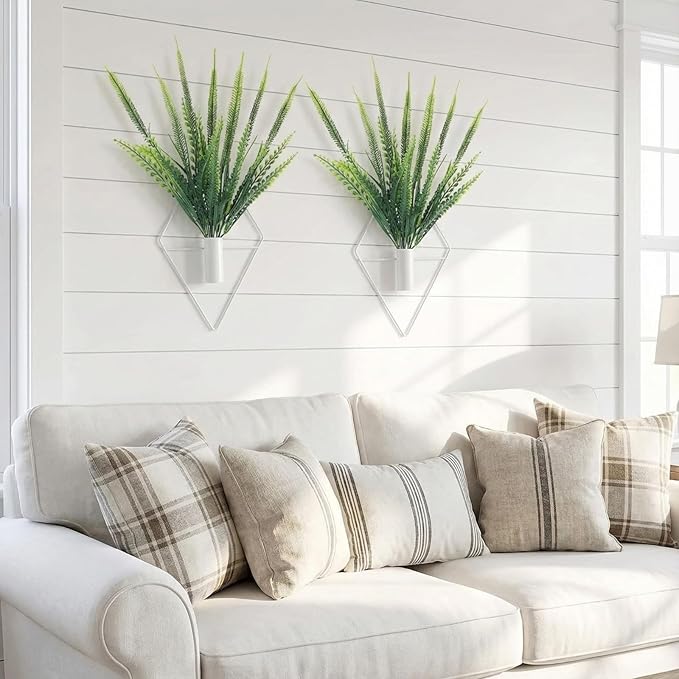 Canlierr 2 Pieces Wall Decor Hanging Planters with Artificial Plants Metal Hanging Vase Indoor Plants Holder Modern Boho Wall Art for Bathroom Bedroom Living Room Decor(White,Boston Fern)