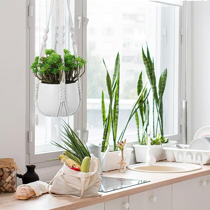 JJUNW 2pcs Macrame Plant Hanger, 21 Inch Indoor Hanging Planter with 2 Hooks Boho Long Crochet White Rope Hanging Planters for Indoor Outdoor Home Decor (Pots Not Included)