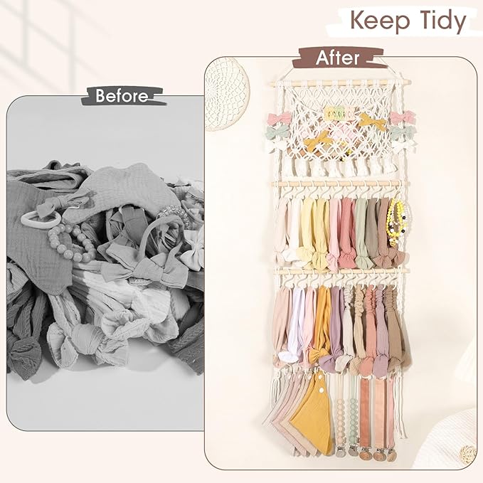 POVETIRE Headband Holder Hair Bow Organizer for Girls,Macrame Bow Holder Hair Accessories Organizer Storage Large Capacity Wall Hanging for Toddler Girl Nursery Room Decor