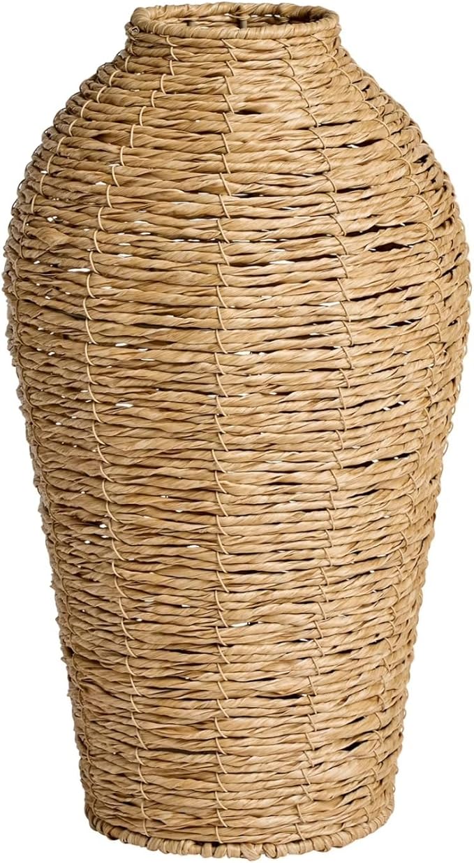 15 Inch Tall Faux Seagrass Vase, Large Woven Decorative Vase for Tabletop, Modern Boho Accent Piece for Entryway, Living Room, and TV Console