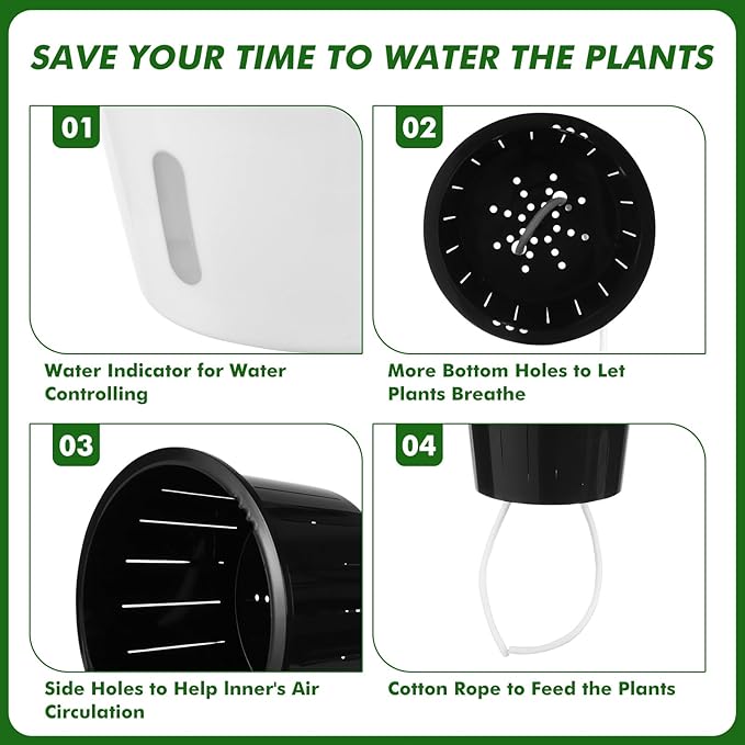Planterhoma 6.7 Inch Self Watering Pots for Indoor Plants, 4 Packs African Violet Pots with Indicator, Black Wick Pot with Drainage Holes, Self Watering Planters for Orchid, Devil's Ivy, White