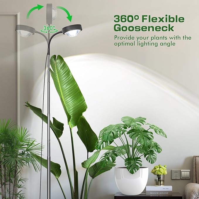 Plant Grow Light, Full Spectrum LED Growing Lights for Indoor Plants with Optical Lens, High PPFD Grow Lamp with 360°Gooseneck, 63in Height Adjustable, 3/9/12H Timer, 3 Color Modes, 10 Brightness