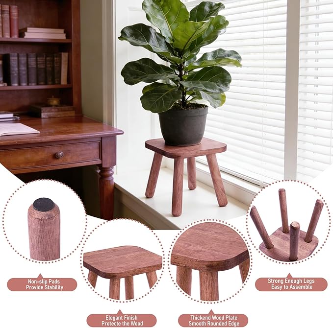 9.3 Inch Small Wooden Step Stool for Adults, Solid One Step Wood Stools Holds up to 300 Lbs, Square Plant Stand Sitting Stool Footstool for Kitchen Bathroom Living Room