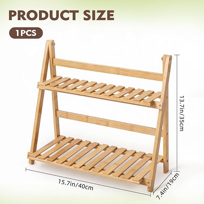 Bamboo Mug Shelf, 2-Tier Matcha Station & Coffee Bar Organizer - 15.7 Inch Foldable Countertop Display Rack for Mugs, Cups, Spices, Flower Pots - Kitchen, Window Sill, Living Room Storage Shelf