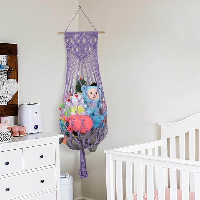 Stuffed Animal Storage Net, 63’’ Jumbo Stuffed Animal Hammock Corner Wall Ceiling Over Door Hanging Toy Hammock Organizer, Purple Boho Macrame Plushie Toy Net w/ LED Lights for Baby Boys Girls Gift