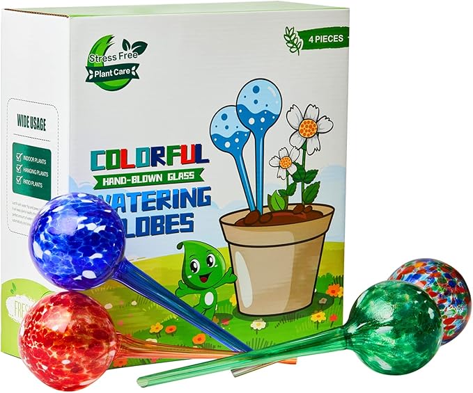 4 Pack Plant Watering Globes Indoor Colorful Hand-Blown Glass Self Watering Bulbs Decorative Design Plant Automatic Self Watering Spikes (Big Colorful)