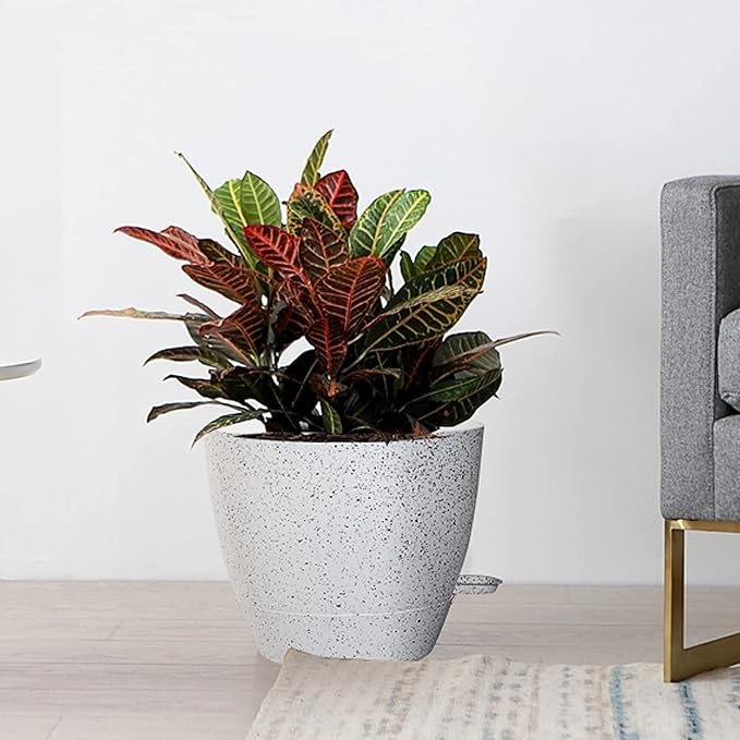 UOUZ Large Self Watering Pots, 12/10/9 Plastic Planters with High Drainage Holes and Deep Reservoir for Indoor Outdoor Garden Plants and Flowers, White Speckles