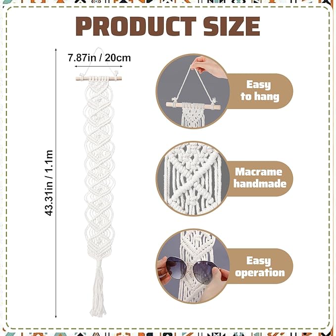 AceOrbit Macrame Sunglasses Holder Boho Wall-Mounted Hanging Sunglasses Organizer Vertical Woven Glasses Holder Display Storage Rack for Bohemian Bedroom Home Office Decor(Classic Style,White)