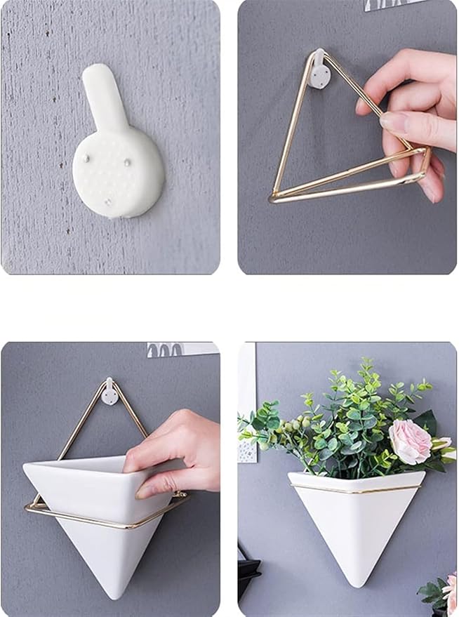 White,L,Wall Planters for Indoor Plants, Geometric Hanging Flower Vase Vessel with Metal Hanger, Creative Wall-Mounted Ceramic Planter