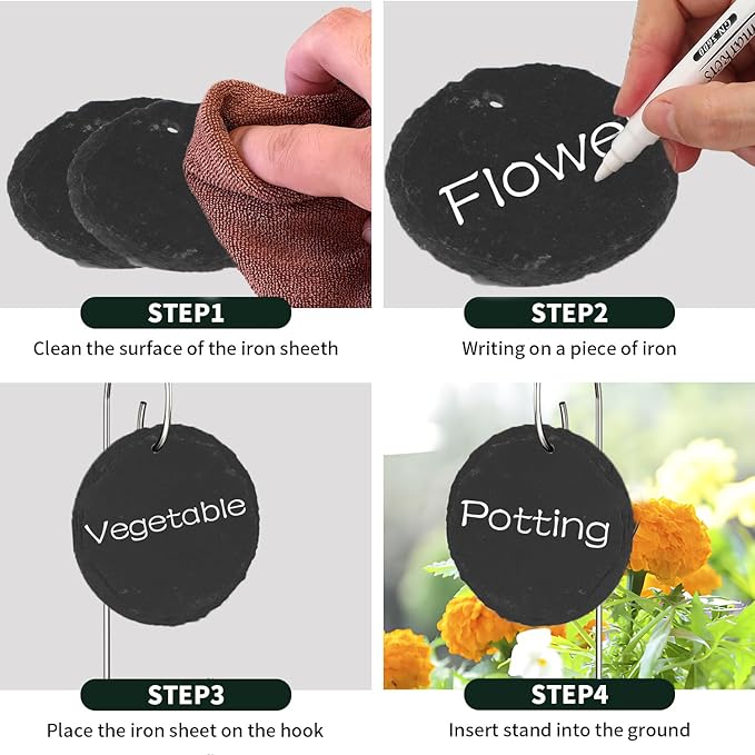 10-Pack Marble Circle Garden Markers,Weatherproof Metal Plant Labels Large Planting Seedling Stake Signs, for Seedlings Herbs Vegetable Greenhouse Gifts with White Marker Pen Labels