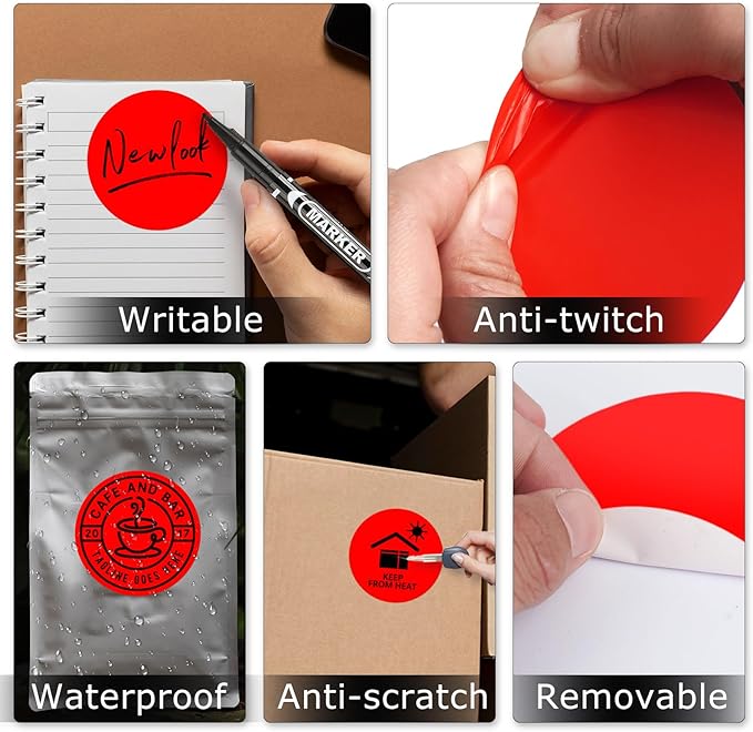 Red Circle Thermal Labels Vinyl 3 Inch Self-Adhesive Round Stickers Roll Waterproof Printer Decals Name Tag for QR Code DIY Office Address 500 PCS