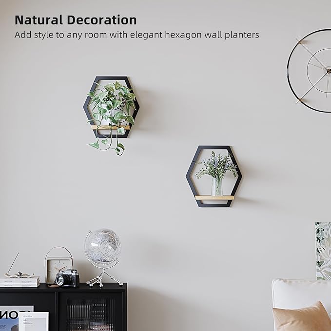 2 Pack Solid Wood & Heavy Duty Metal Wall Plant Stands,9 inch Natural Wood Shelf, Boho Arch Hanging Planter for Indoor 25 LB Load for Plants Black