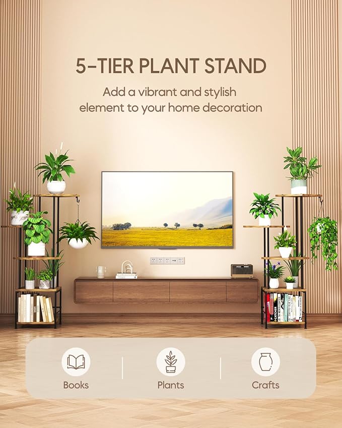 Homsorout Plant Stand Indoor, 5-Tier Tall Plant Stand Indoor, Metal Plant Shelf with Hanging Basket Hook, Ideal Corner Plant Table for Living Room, Balcony, Garden, Patio (Brown)