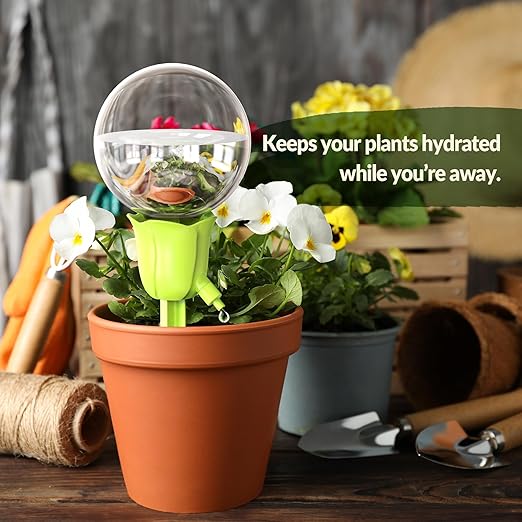 NiHome 4PCS Self-Watering Globes for Indoor & Outdoor Plants, Adjustable Flow Automatic Drip Irrigation Bulbs w/Tulip Stakes for Potted Plants, Succulents, Hanging Baskets, Gardens (2 Pink + 2 Green)