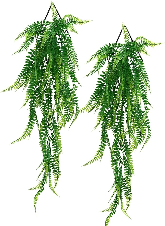 GREENTIME 2 Pack Artificial Boston Fern 28" Fake Hanging Plants with 9.8" Diamond Metal Planter UV Resistant No Maintenance Boho Wall Decor for Indoor Outdoor Bedroom Living Room Shelf