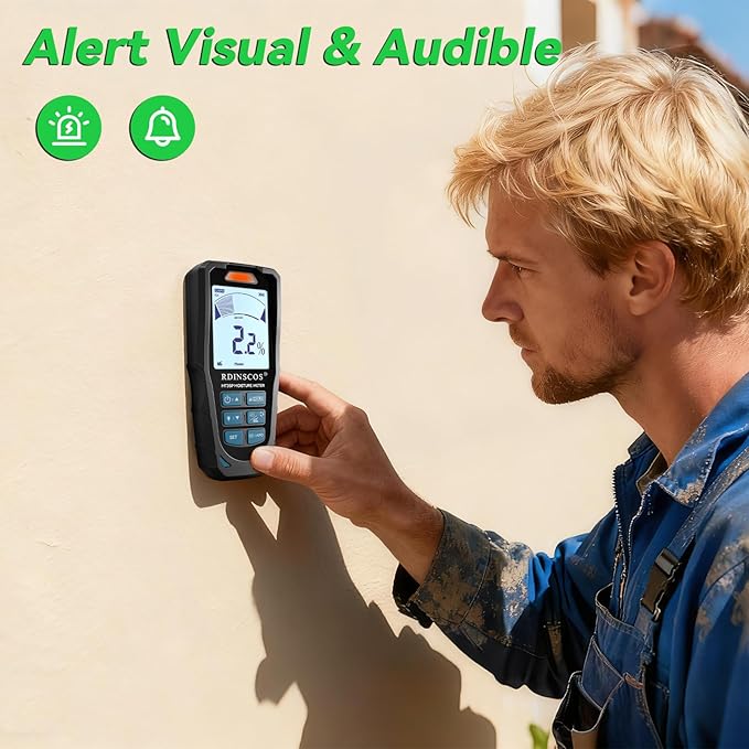 Pinless & Pin-Type Moisture Meter for Wood, Drywall & Concrete – Digital Moisture Tester Audible Alarm & HOLD Function – Ideal for Firewood, Lumber, Home Inspections